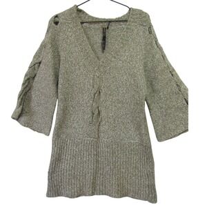 Renee C Sweater Tunic Womens Large Sage Green Good Cable Knit Cold Shoulder Boho